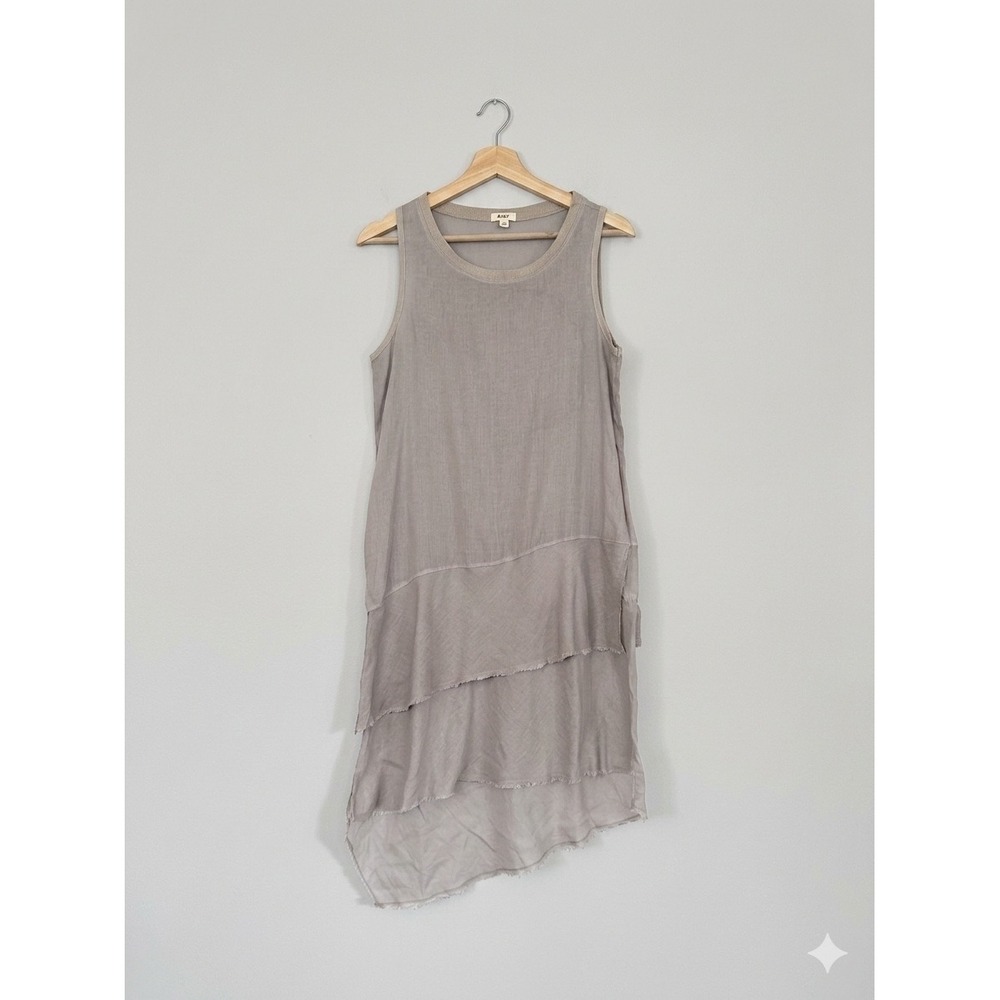 Dylan Women Taupe 100% Linen Sleeveless Tiered Asymmetrical Raw Hem Dress XS